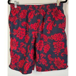 Lands' End Mens Swim Trunks Blue/Red Hawaiian Print Medium Drawstring/Elastic